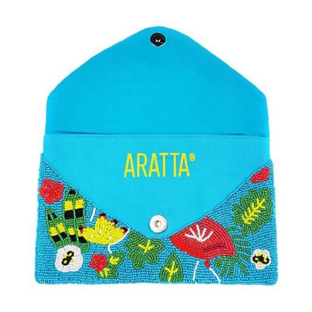 💕 ARATTA paradise hand embellished clutch flamingo print blue beaded NEW strap - Picture 3 of 7